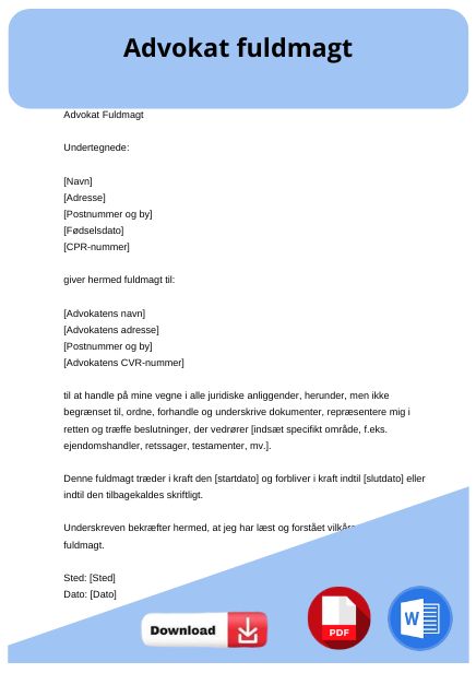 skabelon til advokat fuldmagt