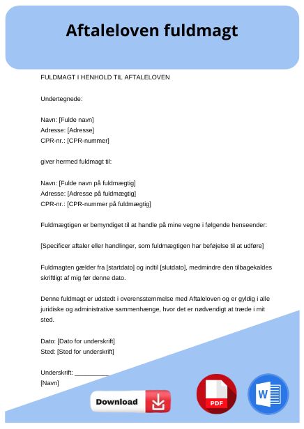 skabelon til aftaleloven fuldmagt