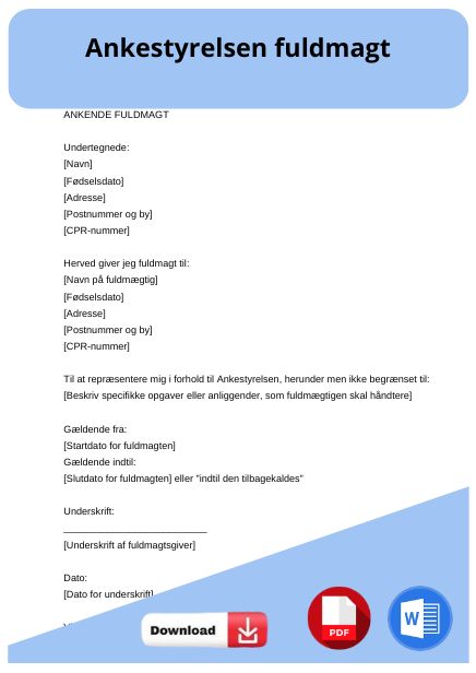 skabelon til ankestyrelsen fuldmagt