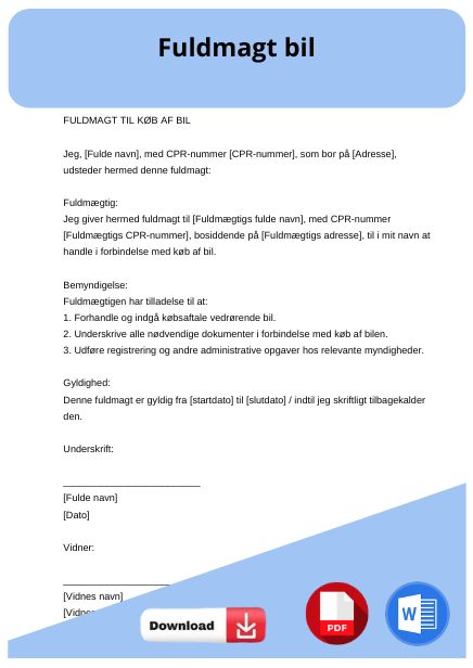 skabelon til fuldmagt bil