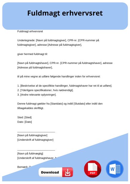 skabelon til fuldmagt erhvervsret