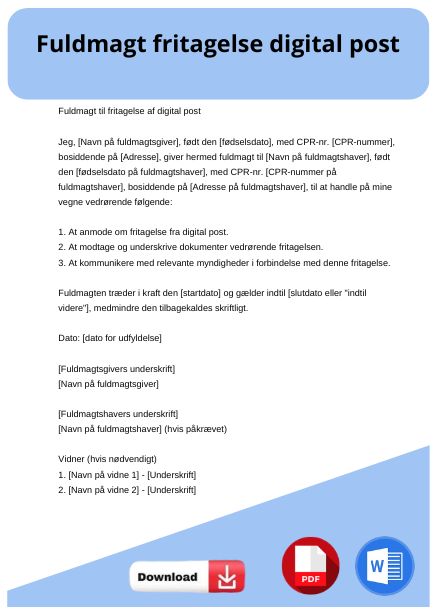 skabelon til fuldmagt fritagelse digital post