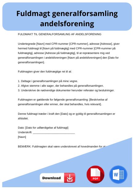 skabelon til fuldmagt generalforsamling andelsforening