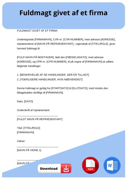 skabelon til fuldmagt givet af et firma