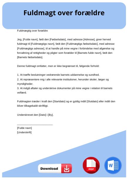 skabelon til fuldmagt over forældre