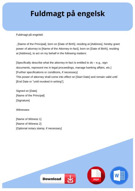 skabelon til fuldmagt på engelsk
