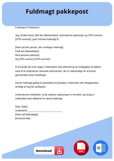 skabelon til fuldmagt pakkepost