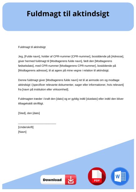 skabelon til fuldmagt til aktindsigt