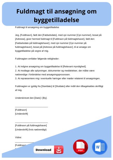 skabelon til fuldmagt til ansøgning om byggetilladelse