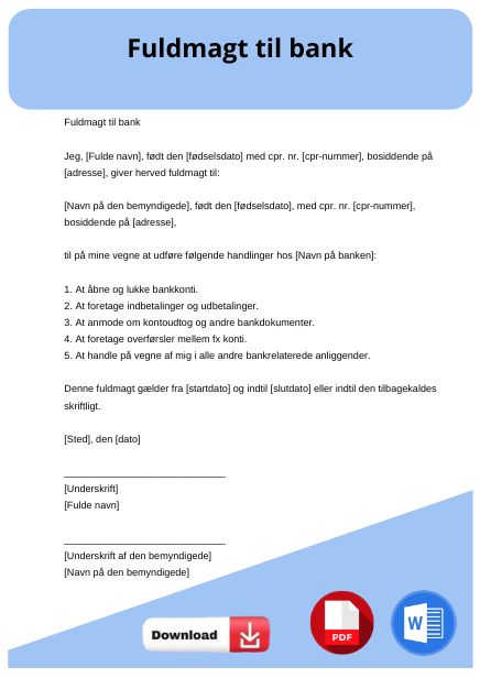 skabelon til fuldmagt til bank