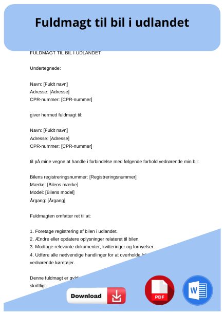 skabelon til fuldmagt til bil i udlandet