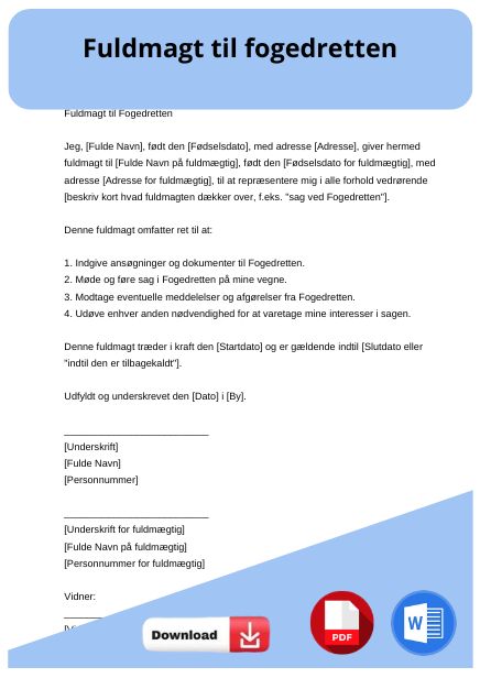 skabelon til fuldmagt til fogedretten