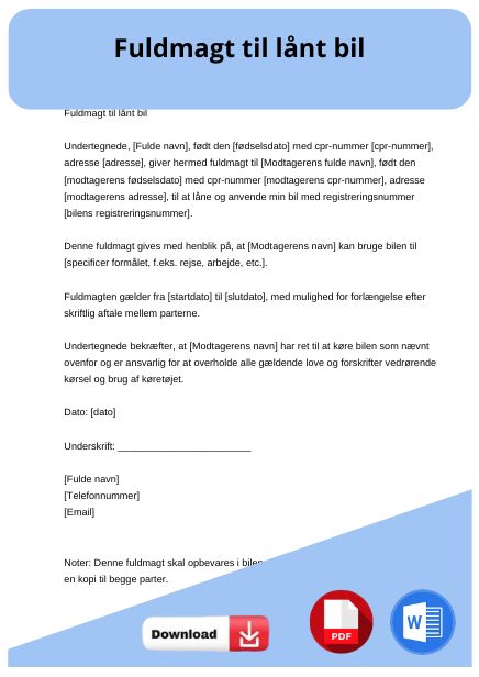 skabelon til fuldmagt til lånt bil