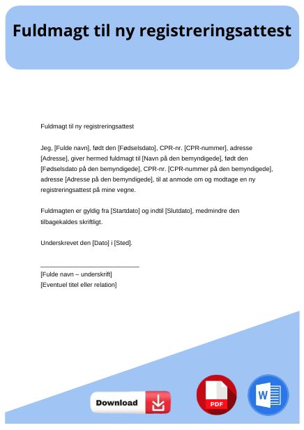 skabelon til fuldmagt til ny registreringsattest
