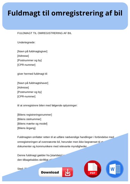 skabelon til fuldmagt til omregistrering af bil