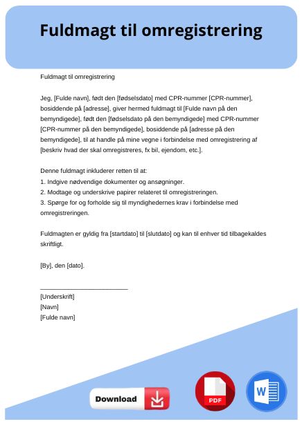 skabelon til fuldmagt til omregistrering