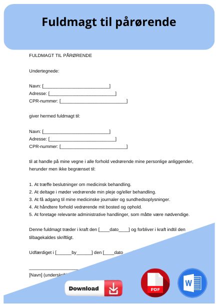 skabelon til fuldmagt til pårørende