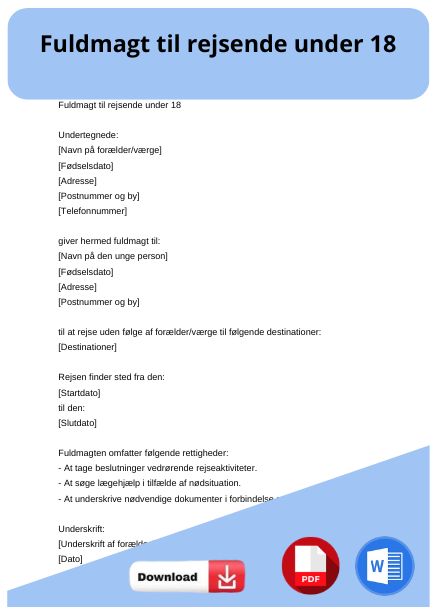 eksempler pä fuldmagt til rejsende under 18