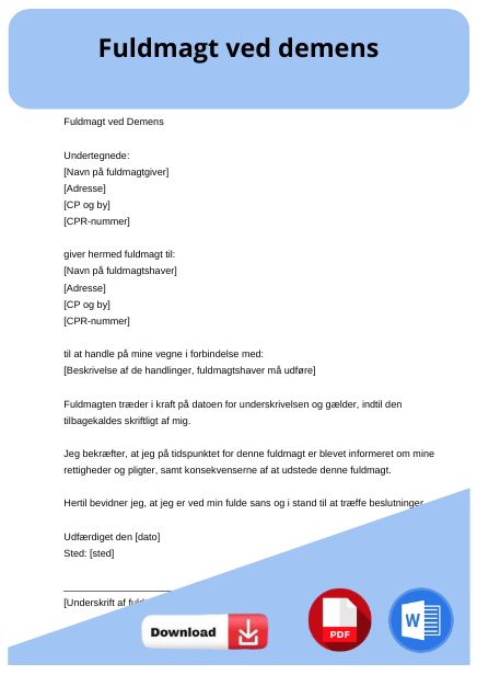 skabelon til fuldmagt ved demens