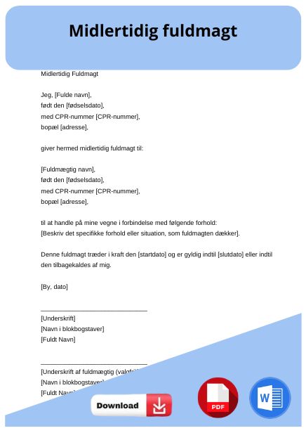 skabelon til midlertidig fuldmagt