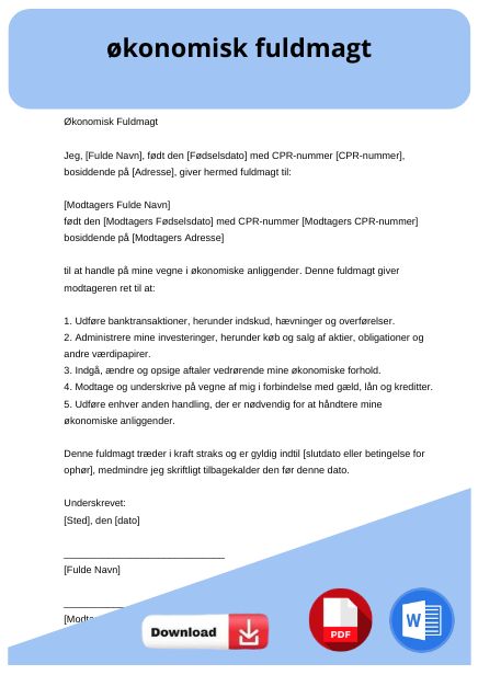skabelon til økonomisk fuldmagt