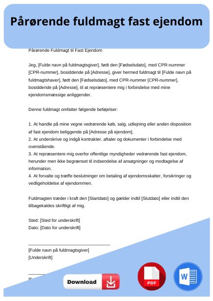 skabelon til pårørende fuldmagt fast ejendom