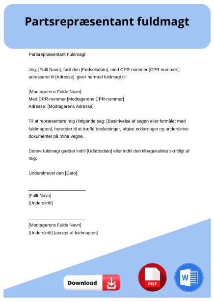 skabelon til partsrepræsentant fuldmagt