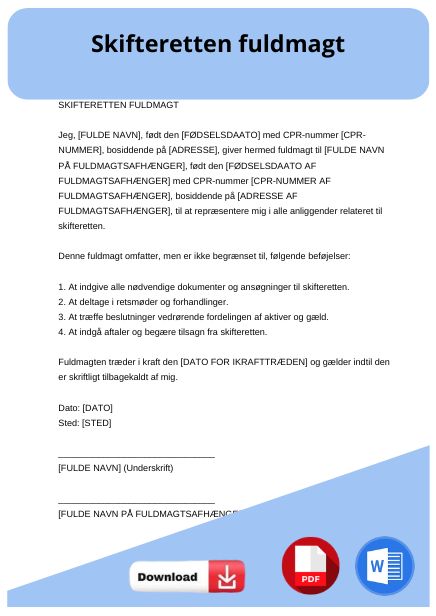 skabelon til skifteretten fuldmagt
