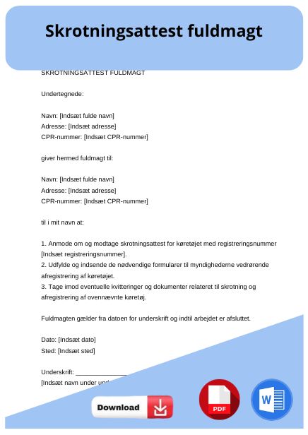 skabelon til skrotningsattest fuldmagt