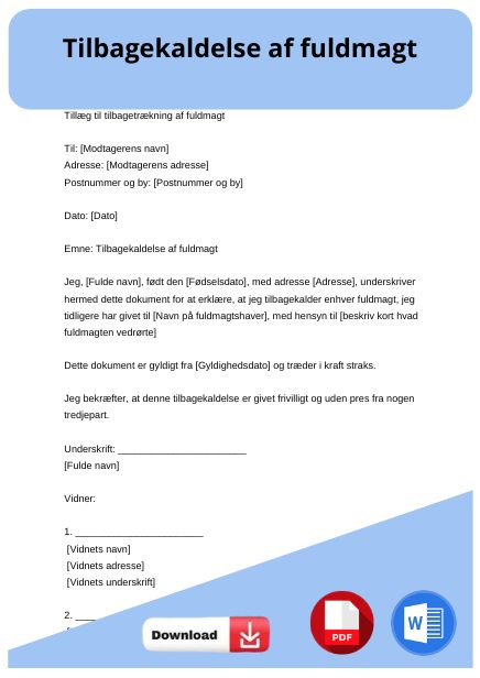 skabelon til tilbagekaldelse af fuldmagt